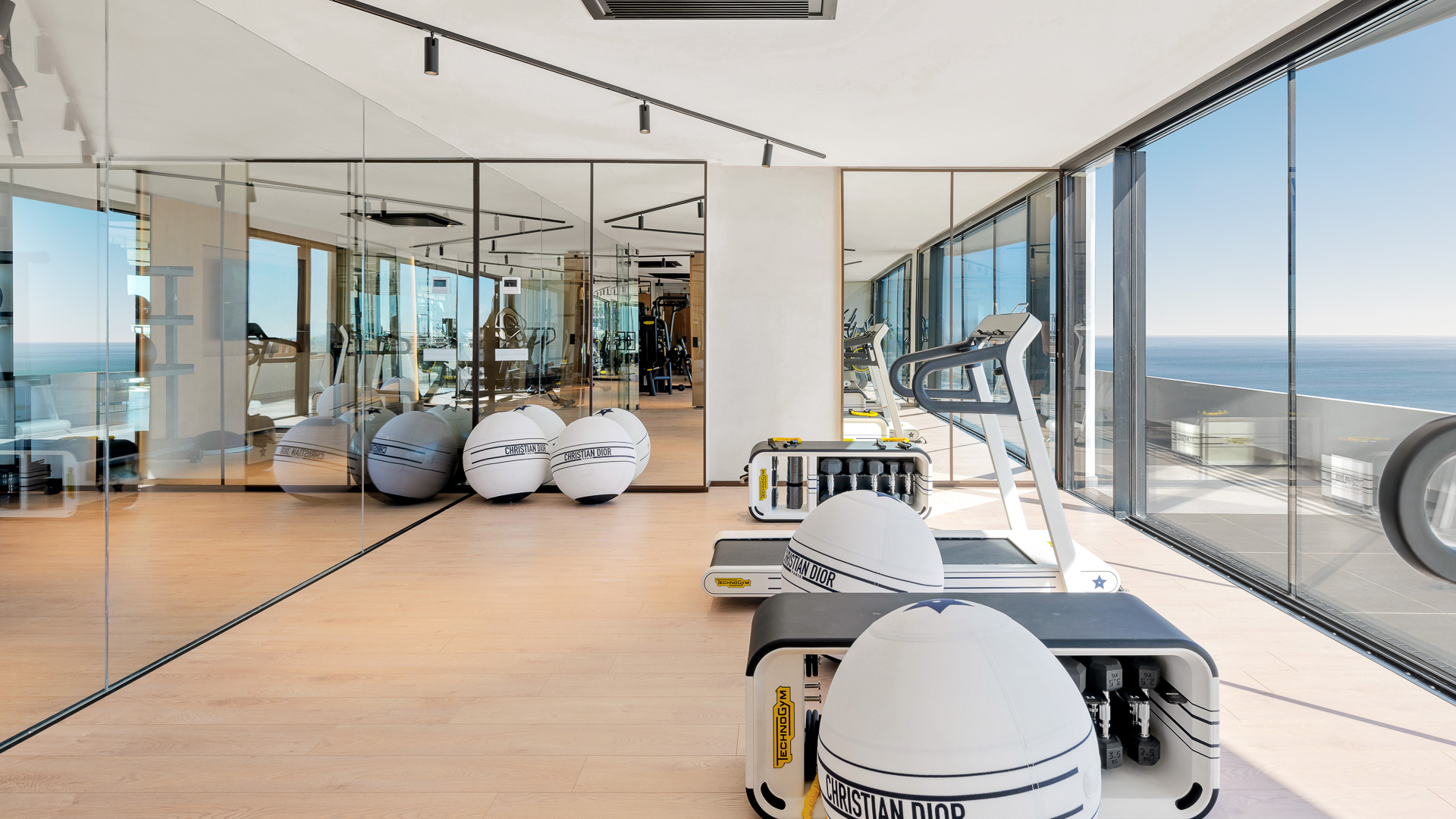 Gimnasio con grandes ventanales y vistas al mar en el residencial RH Carat.