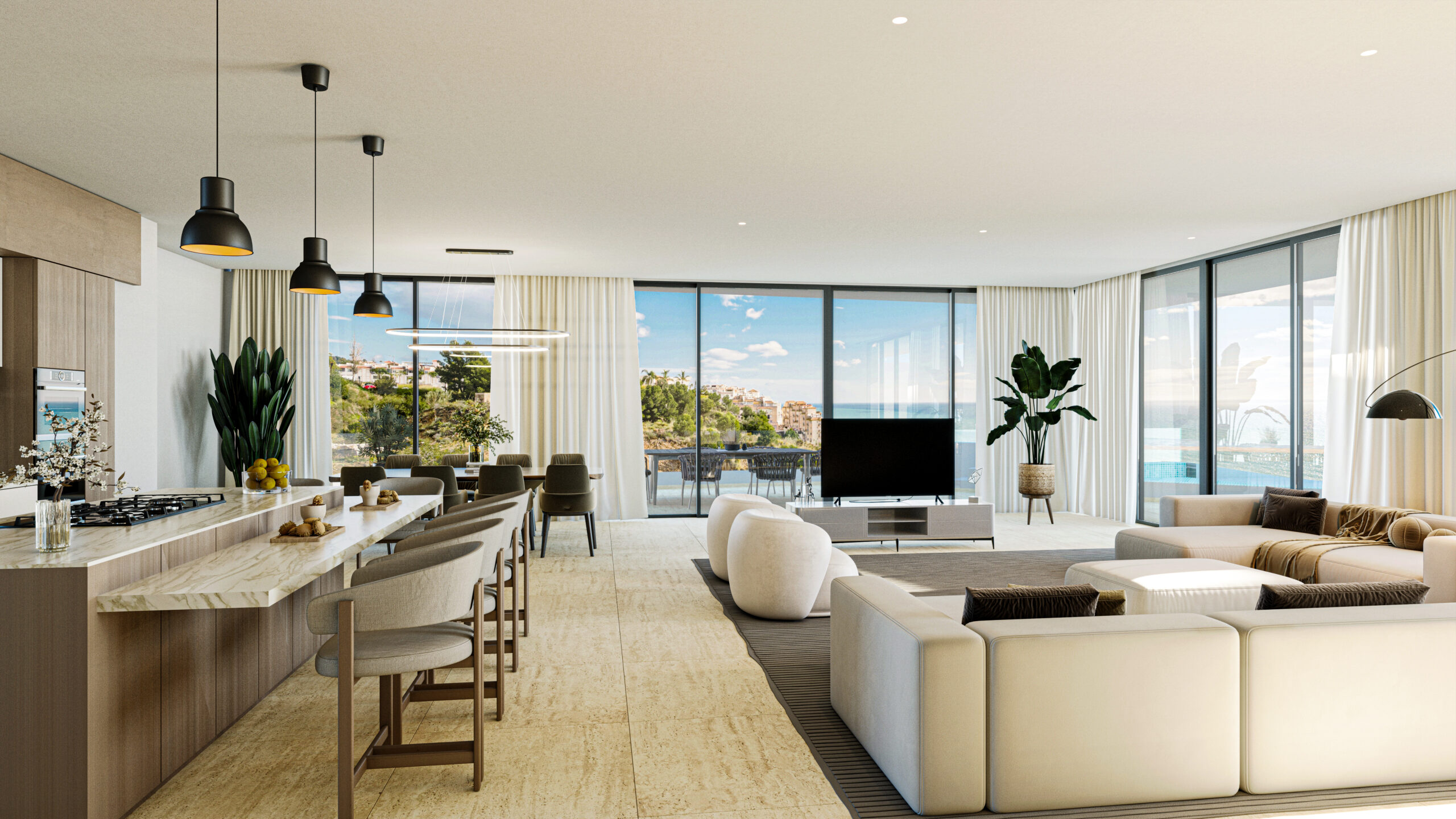 Salón amplio con cocina abierta, grandes ventanales y vistas hacia el exterior