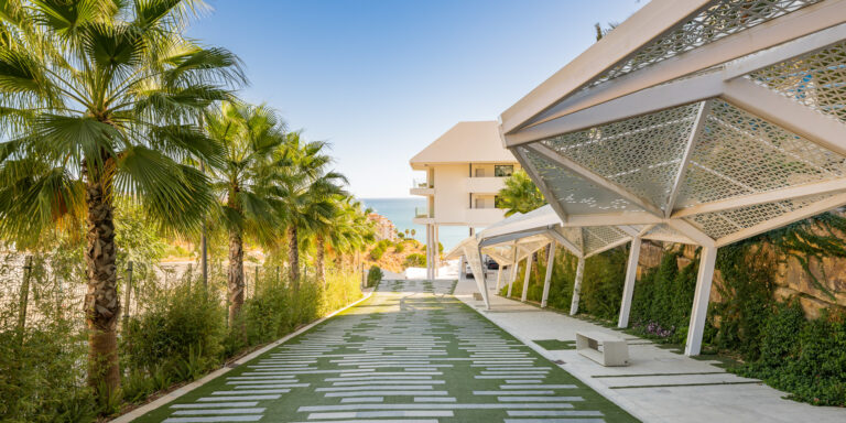 Camino peatonal con palmeras y arquitectura moderna en residencial de lujo