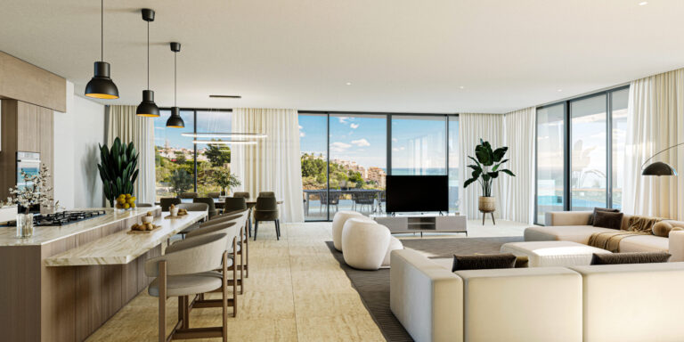 Salón amplio con cocina abierta, grandes ventanales y vistas hacia el exterior