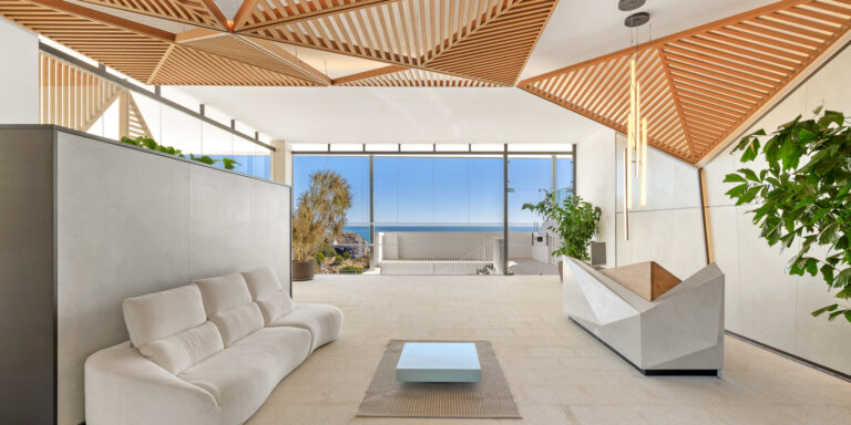 Zona de estar y hall con sofás y techo de madera en el residencial Carat.